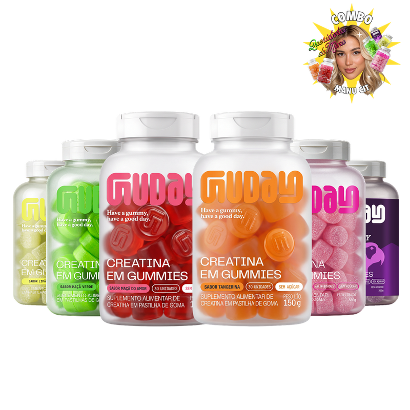 Combo Manu Guday - Creatina Maçã Verde, Frutas Vermelhas, Limão, OakBerry, Maçã do Amor e Tangerina