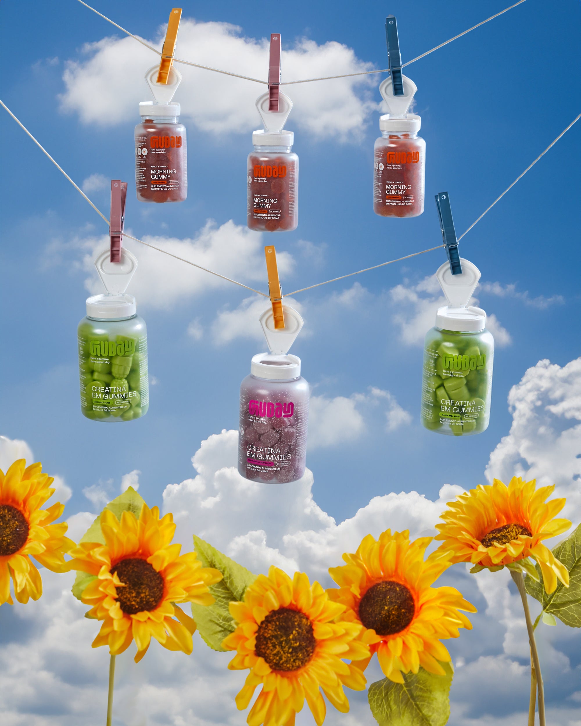 Guday bottles hanging with sky background
