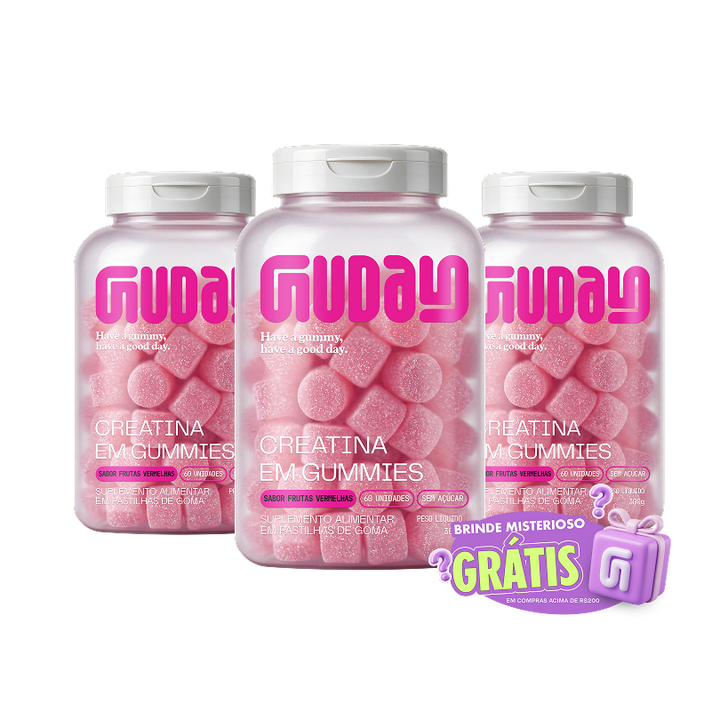 3 potes de Creatina Guday em gummies sabor Frutas Vermelhas com o selo Brinde Misterioso Grátis