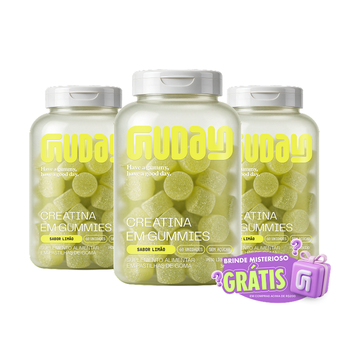3 potes de Creatina Guday em gummies sabor Limão com o selo Brinde Misterioso Grátis