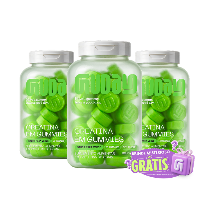 3 potes de Creatina Guday em gummies sabor Maçã Verde com o selo Brinde Misterioso Grátis