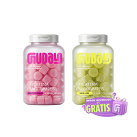 Potes de Creatina Guday em gummies sabores Frutas Vermelhas e Limão com o selo Brinde Misterioso Grátis