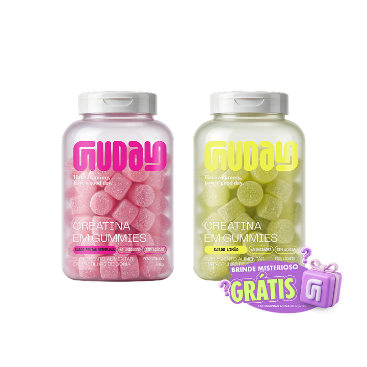 Potes de Creatina Guday em gummies sabores Frutas Vermelhas e Limão com o selo Brinde Misterioso Grátis