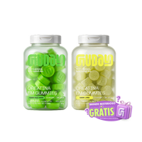 Potes de Creatina Guday em gummies sabores Maçã Verde e Limão com o selo Brinde Misterioso Grátis