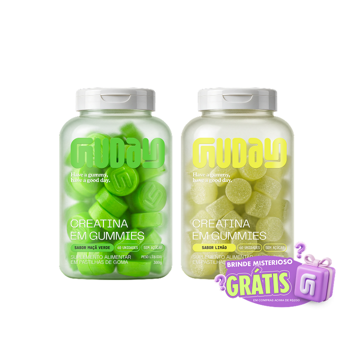 Potes de Creatina Guday em gummies sabores Maçã Verde e Limão com o selo Brinde Misterioso Grátis