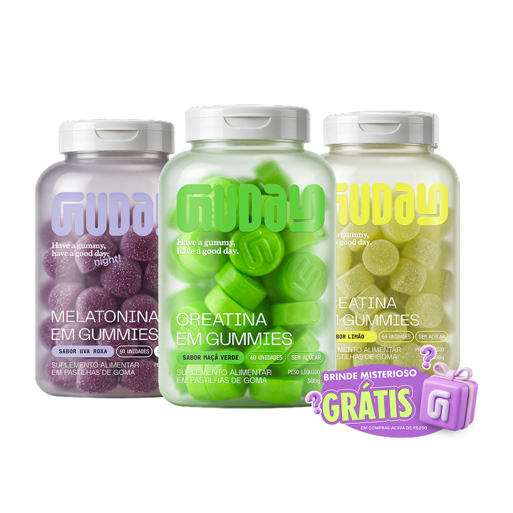 Potes de Creatina Guday sabores Maçã Verde e Limão e pote de Melatonina Guday com o selo Brinde Misterioso Grátis