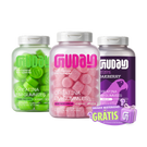 Potes de Creatina Guday em gummies sabores Maçã Verde, Frutas Vermelhas e Oakberry com o selo Brinde Misterioso Grátis