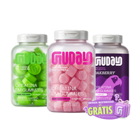 Potes de Creatina Guday em gummies sabores Maçã Verde, Frutas Vermelhas e Oakberry com o selo Brinde Misterioso Grátis