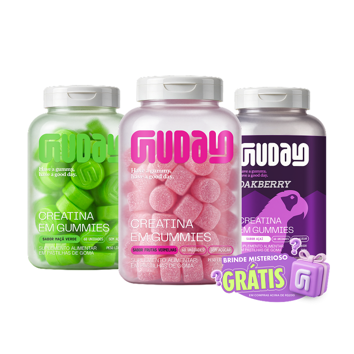 Potes de Creatina Guday em gummies sabores Maçã Verde, Frutas Vermelhas e Oakberry com o selo Brinde Misterioso Grátis
