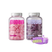 Pote de Creatina Guday sabor Frutas Vermelhas e pote de Melatonina Guday com o selo Brinde Misterioso Grátis