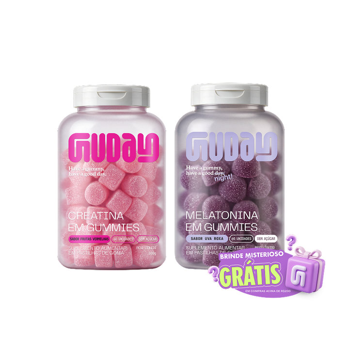 Pote de Creatina Guday sabor Frutas Vermelhas e pote de Melatonina Guday com o selo Brinde Misterioso Grátis