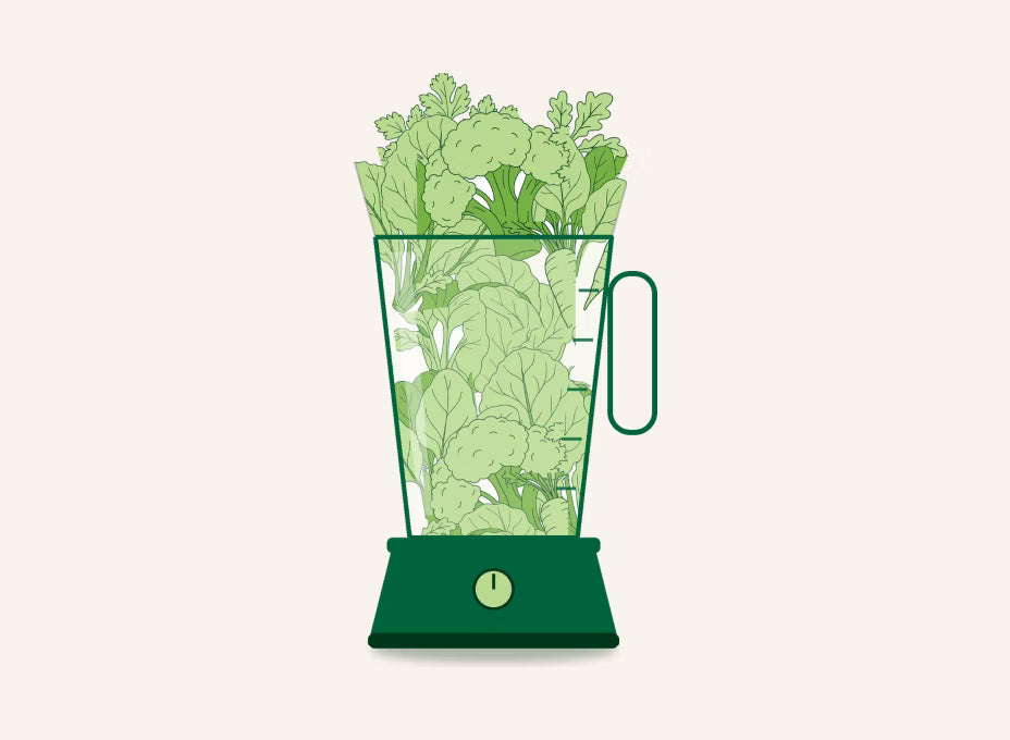 Ilustração de liquidificador cheio de folhas verdes sobre fundo bege