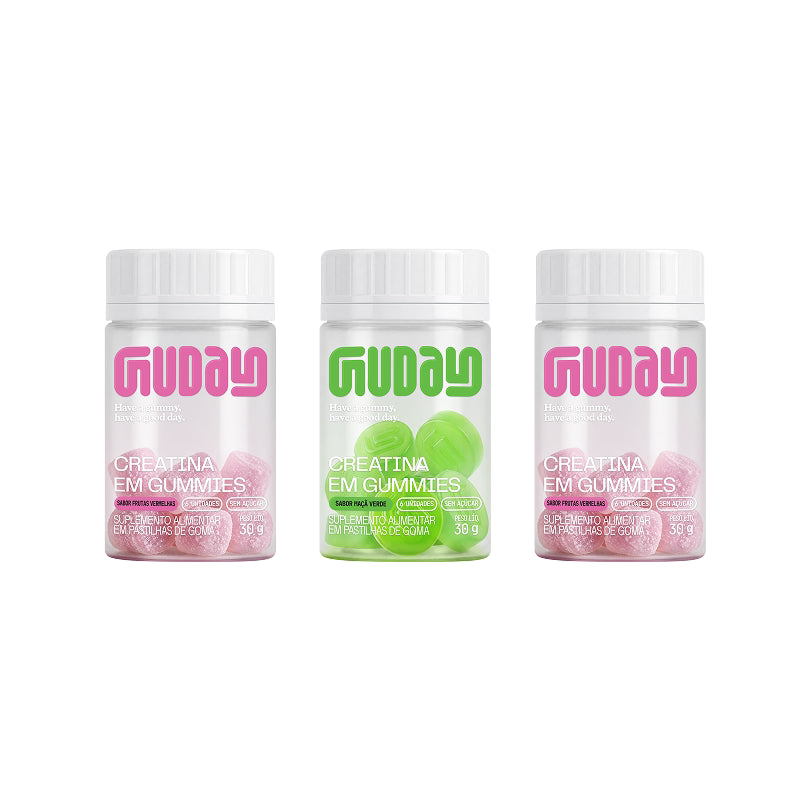 Três mini potes de Creatina em Gummies Guday nos sabores maçã verde, frutas vermelhas e açaí