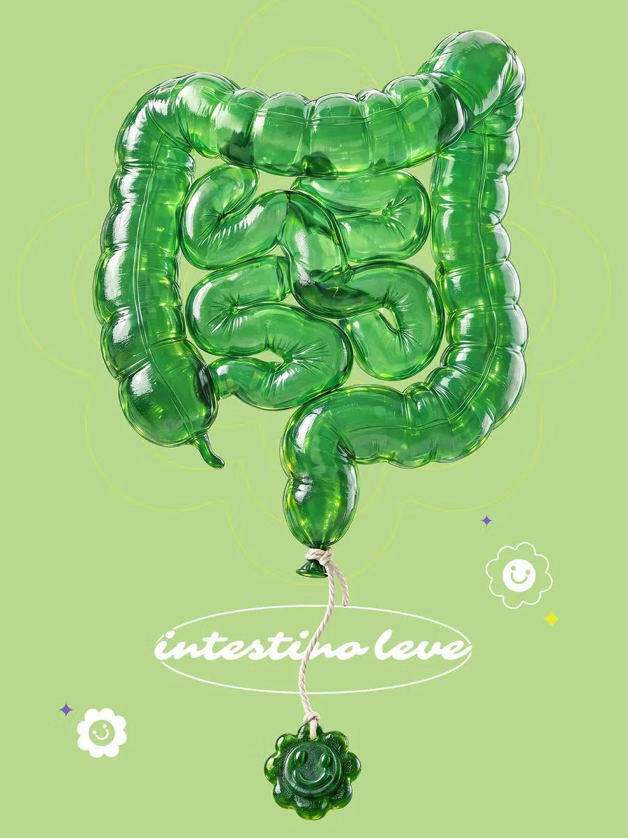 Intestino feito de gummy verde com a frase intestino leve, sobre fundo verde